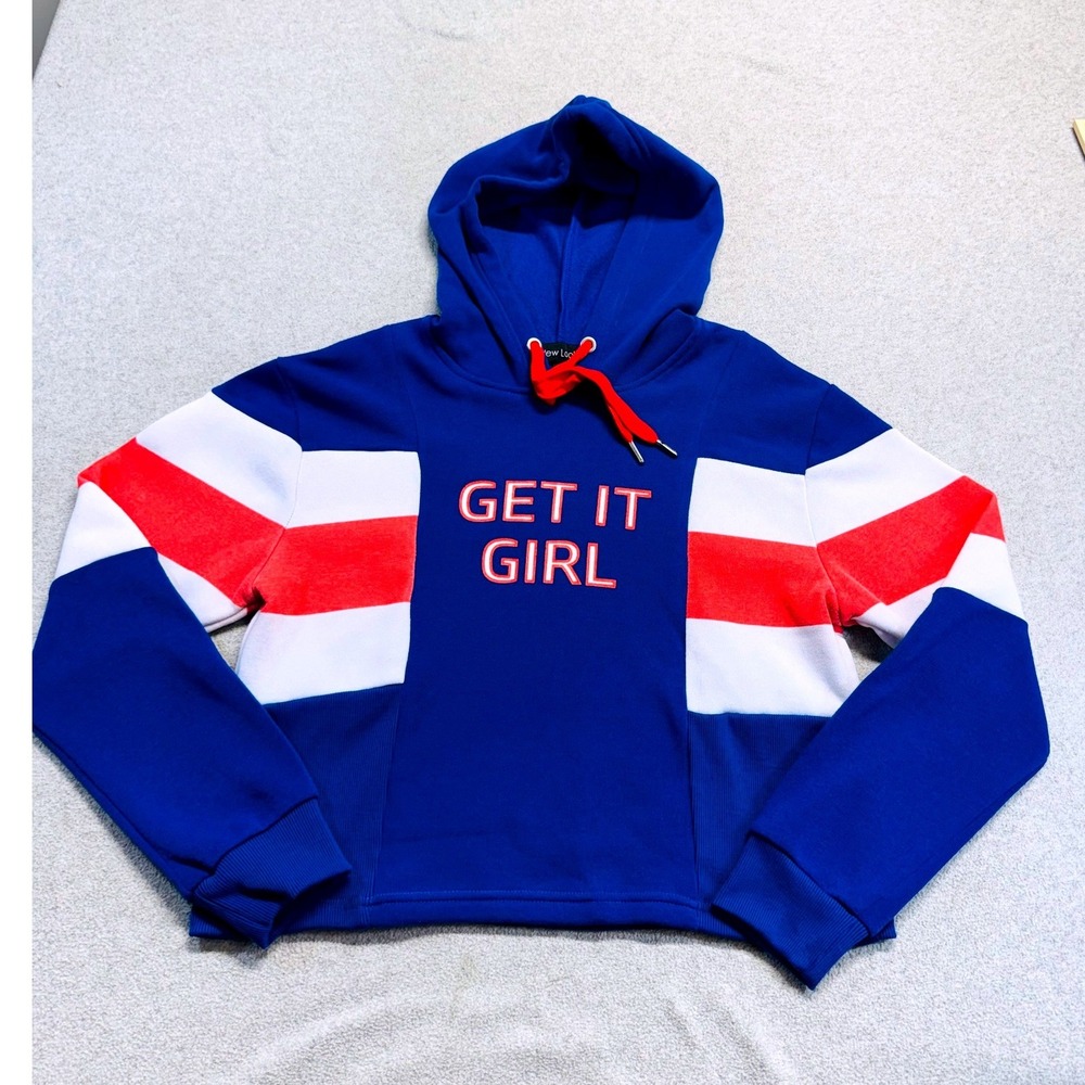 New Look Get It Girl Colorblock Hoodie Womens L Blue Red White Cropped Pullover